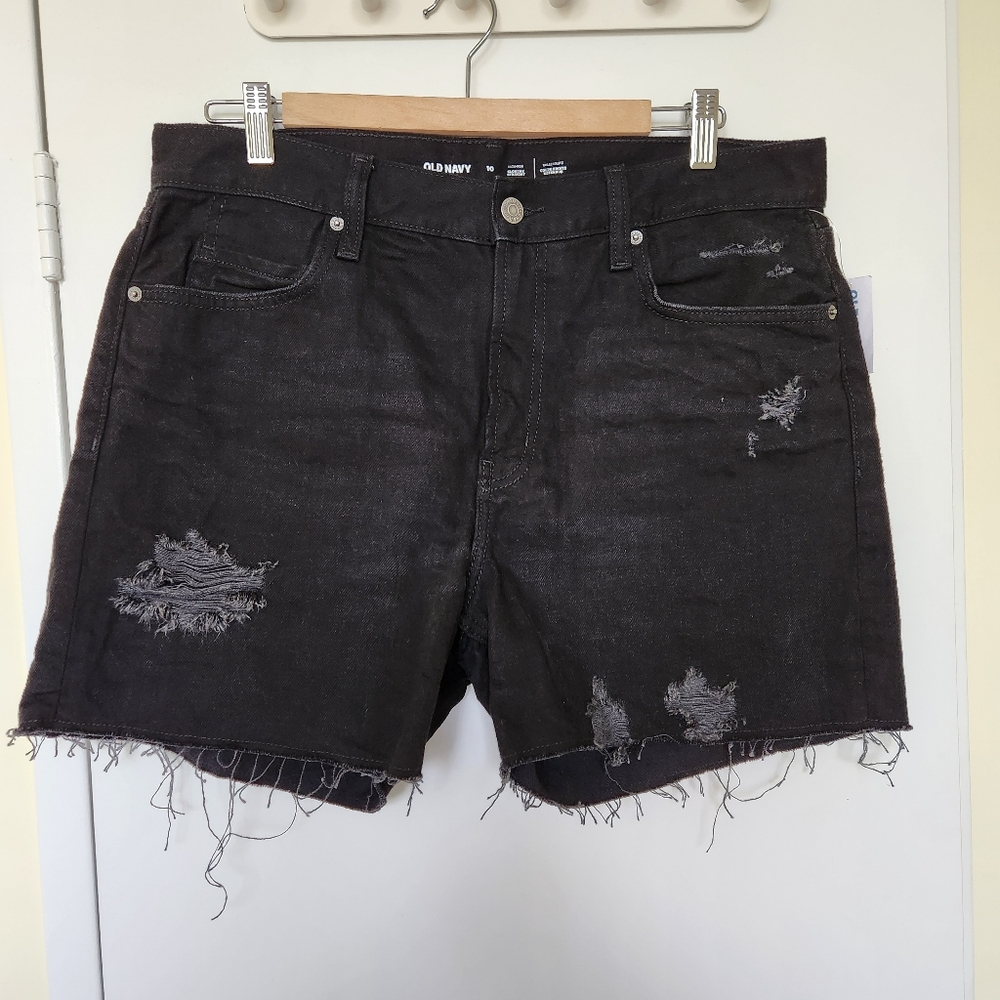 NWT Old Navy Black Distressed Hi Rise Slouchy Straight Denim Shorts